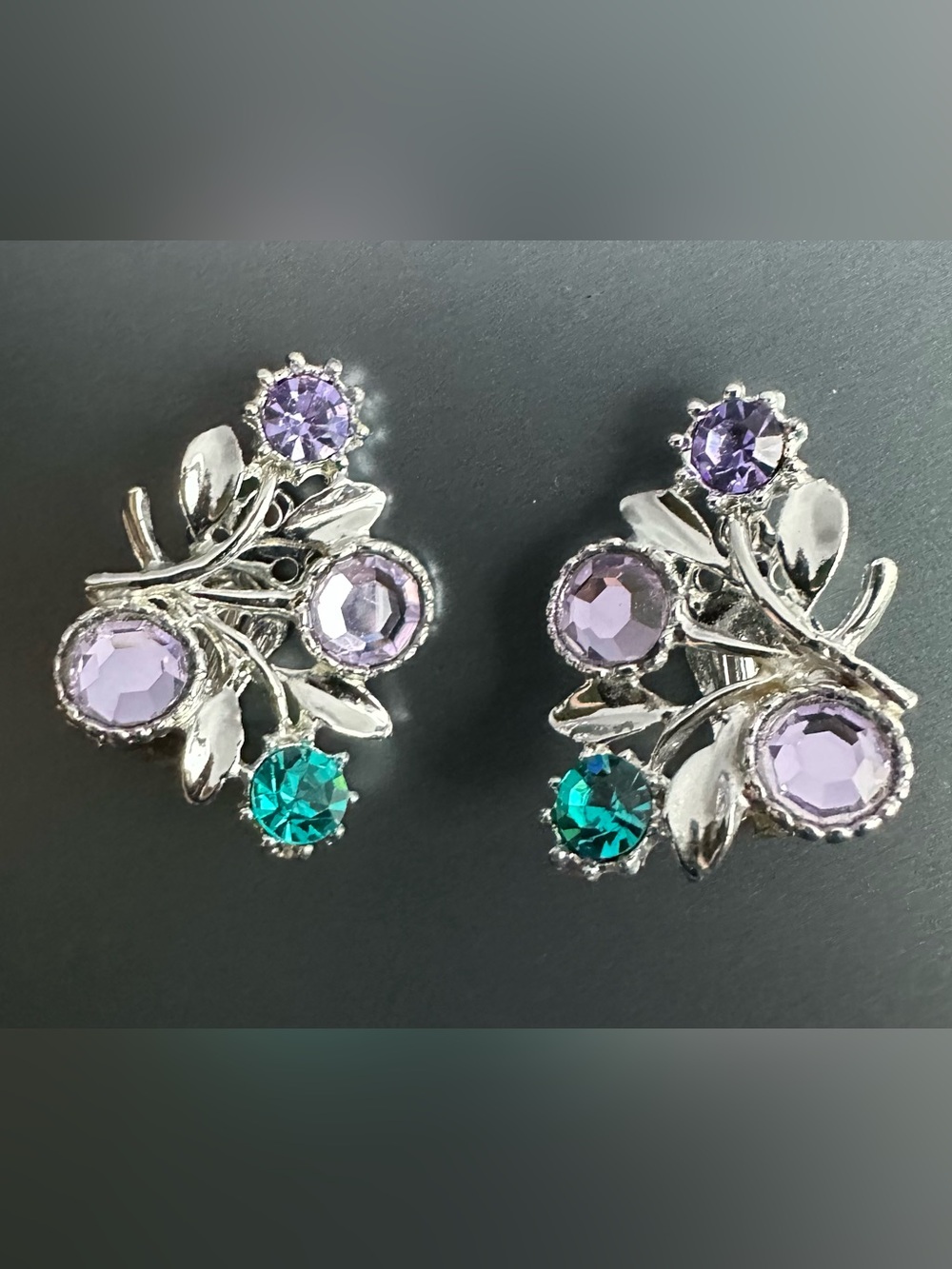 1950’s Rhinestone Cluster Floral Leaf Clip On Earrings Purple Teal Lavender
